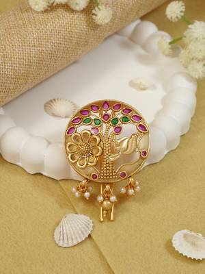 Tree motif juda pin/hair brooch/jadai billa in gold plated traditional with accents and dangling pearls for women  1