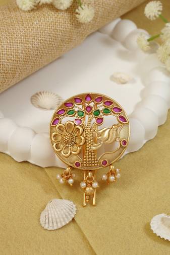 Tree motif juda pin/hair brooch/jadai billa in gold plated traditional with accents and dangling pearls for women 