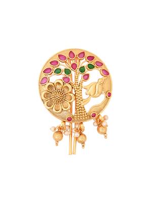 Tree motif juda pin/hair brooch/jadai billa in gold plated traditional with accents and dangling pearls for women  2