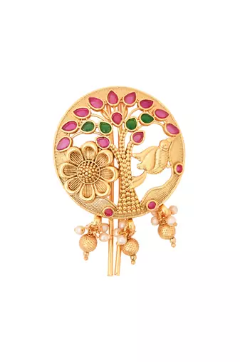 Tree motif juda pin/hair brooch/jadai billa in gold plated traditional with accents and dangling pearls for women 