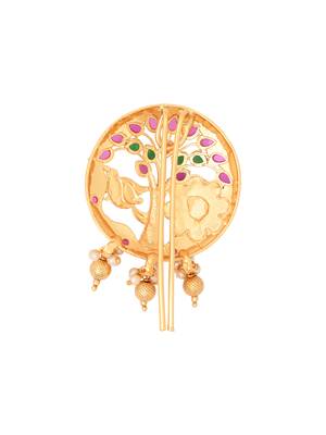 Tree motif juda pin/hair brooch/jadai billa in gold plated traditional with accents and dangling pearls for women  3