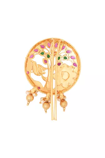 Tree motif juda pin/hair brooch/jadai billa in gold plated traditional with accents and dangling pearls for women 