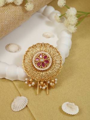 Antique round juda pin/hair brooch/jadai billa with stones, pearls and filigree craftwork for women  1