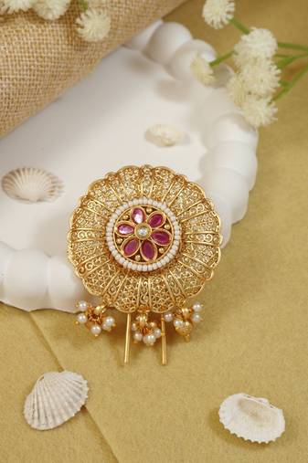 Antique round juda pin/hair brooch/jadai billa with stones, pearls and filigree craftwork for women 