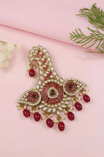 Gold plated traditional stone pearl drop safa kalangi brooch for groom/men/dulha pagadi 
