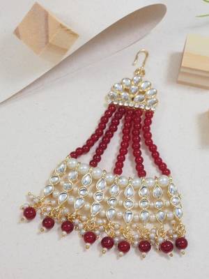 Gold plated mughal beautiful long pearl kundan jhumar passa/jhoomar maang tikka head accessory for women  1