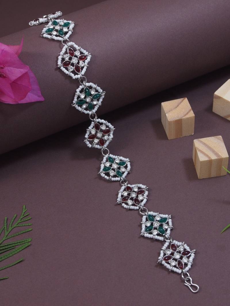 Silver plated traditional floral kundan & pearl sheeshphool matha patti sheeshpatti for women 
