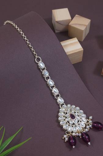 Gold plated traditional kundan & pearl maang tikka for women 