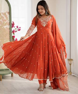 orange embroidered sequins motif work anarkali dress 1