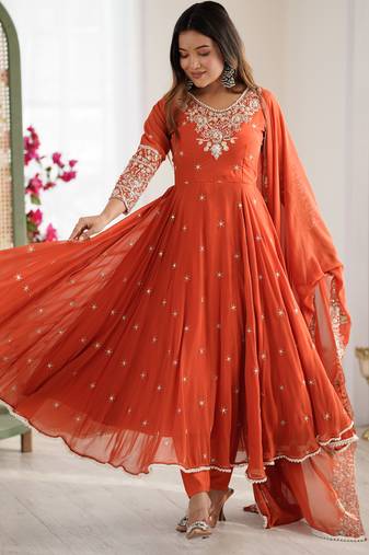 Orange embroidered sequins motif work anarkali dress