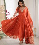 Orange embroidered sequins motif work anarkali dress