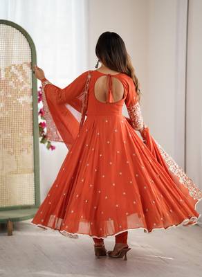 orange embroidered sequins motif work anarkali dress 2