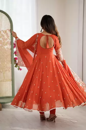 orange embroidered sequins motif work anarkali dress