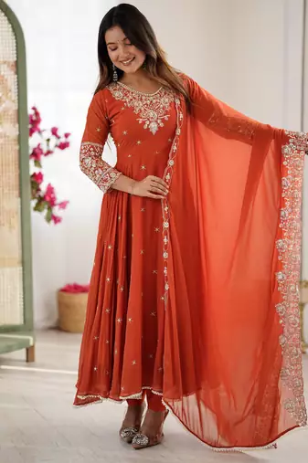 orange embroidered sequins motif work anarkali dress