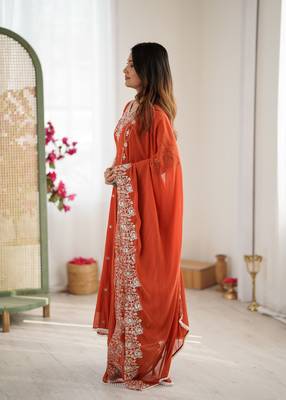 orange embroidered sequins motif work anarkali dress 4
