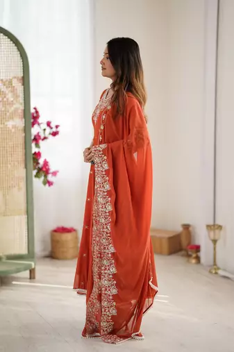 orange embroidered sequins motif work anarkali dress