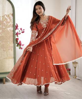 orange embroidered sequins motif work anarkali dress 5