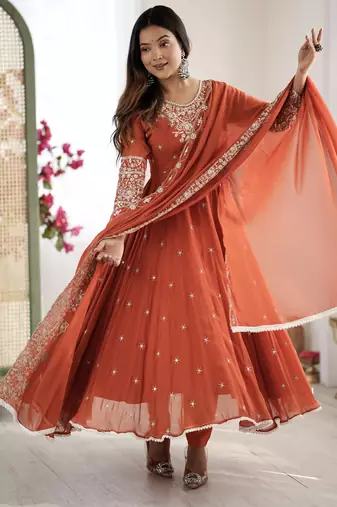 orange embroidered sequins motif work anarkali dress