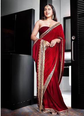 Red Velvet Embroidered with 5mm Sequence with Fancy Glass Pipe Lace Work Saree 1