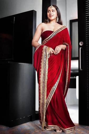 Red Velvet Embroidered with 5mm Sequence with Fancy Glass Pipe Lace Work Saree