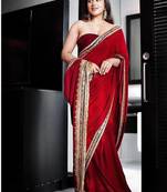 Red Velvet Embroidered with 5mm Sequence with Fancy Glass Pipe Lace Work Saree