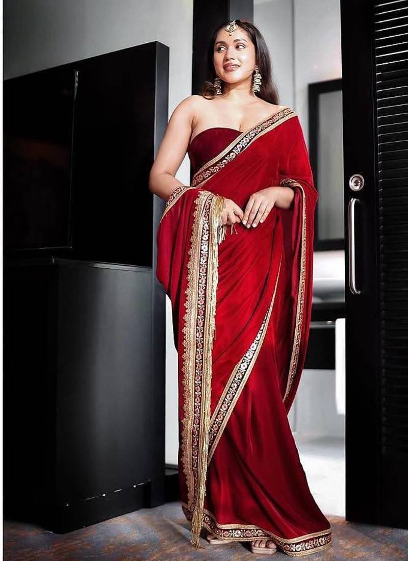 Red Velvet Embroidered with 5mm Sequence with Fancy Glass Pipe Lace Work Saree