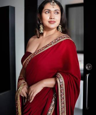 Red Velvet Embroidered with 5mm Sequence with Fancy Glass Pipe Lace Work Saree 2