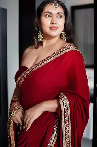 Red Velvet Embroidered with 5mm Sequence with Fancy Glass Pipe Lace Work Saree
