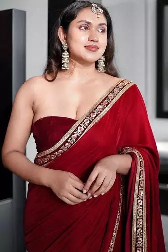 Red Velvet Embroidered with 5mm Sequence with Fancy Glass Pipe Lace Work Saree