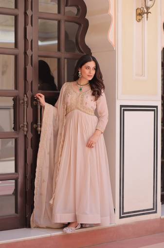 Cream star georgette gown with beads & sequins embroidery, full stitched with canvas patta, dupatta set