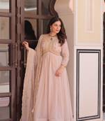 Cream star georgette gown with beads & sequins embroidery, full stitched with canvas patta, dupatta set