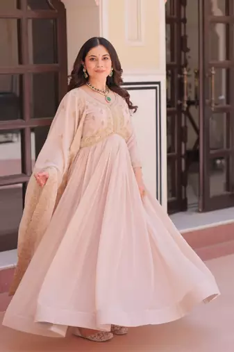Cream star georgette gown with beads & sequins embroidery, full stitched with canvas patta, dupatta set