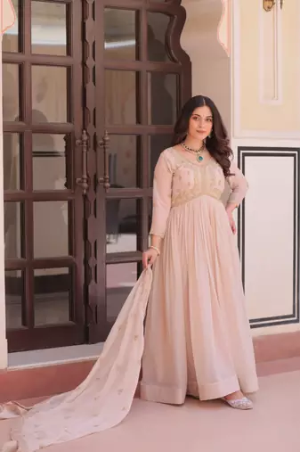 Cream star georgette gown with beads & sequins embroidery, full stitched with canvas patta, dupatta set