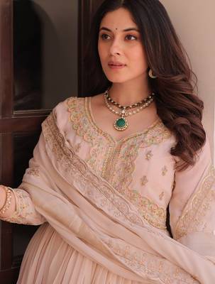 Cream star georgette gown with beads & sequins embroidery, full stitched with canvas patta, dupatta set 5
