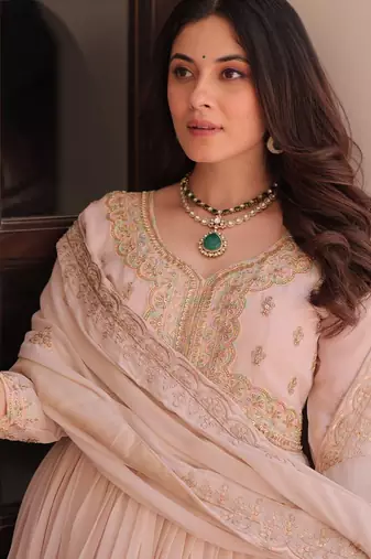 Cream star georgette gown with beads & sequins embroidery, full stitched with canvas patta, dupatta set