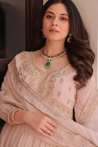 Cream star georgette gown with beads & sequins embroidery, full stitched with canvas patta, dupatta set