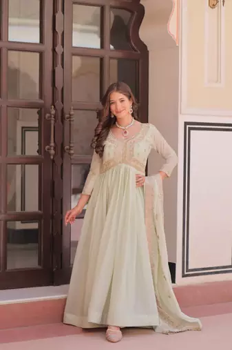Pista star georgette gown with beads & sequins embroidery, full stitched with canvas patta, dupatta set