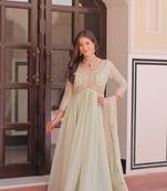 Pista star georgette gown with beads & sequins embroidery, full stitched with canvas patta, dupatta set