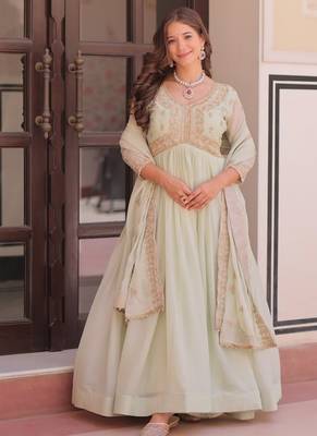 Pista star georgette gown with beads & sequins embroidery, full stitched with canvas patta, dupatta set 3