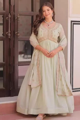 Pista star georgette gown with beads & sequins embroidery, full stitched with canvas patta, dupatta set