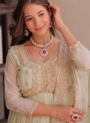 Pista star georgette gown with beads & sequins embroidery, full stitched with canvas patta, dupatta set 4