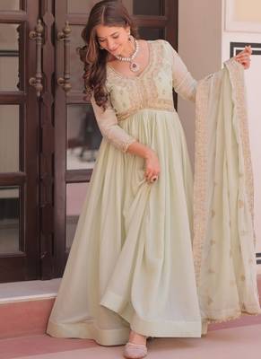 Pista star georgette gown with beads & sequins embroidery, full stitched with canvas patta, dupatta set 6