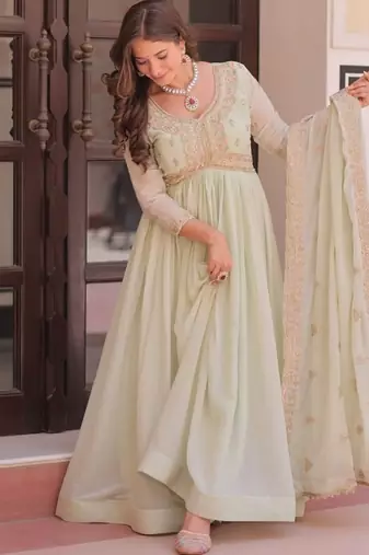 Pista star georgette gown with beads & sequins embroidery, full stitched with canvas patta, dupatta set