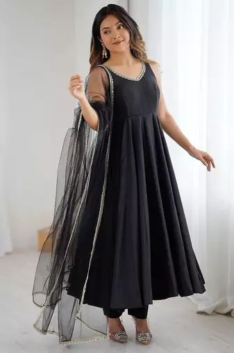 Black roman silk chanderi anarkali with fancy lace work, 4 mtr flair, stitched pant and net dupatta set