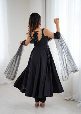 Black roman silk chanderi anarkali with fancy lace work, 4 mtr flair, stitched pant and net dupatta set 3