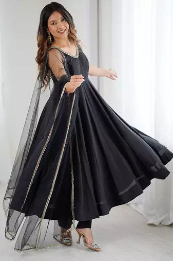 Black roman silk chanderi anarkali with fancy lace work, 4 mtr flair, stitched pant and net dupatta set