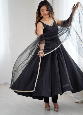 Black roman silk chanderi anarkali with fancy lace work, 4 mtr flair, stitched pant and net dupatta set 5