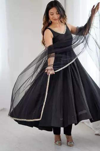 Black roman silk chanderi anarkali with fancy lace work, 4 mtr flair, stitched pant and net dupatta set