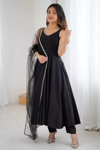 Black roman silk chanderi anarkali with fancy lace work, 4 mtr flair, stitched pant and net dupatta set