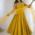Yellow roman silk chanderi anarkali with fancy lace work, 4 mtr flair, stitched pant and net dupatta set